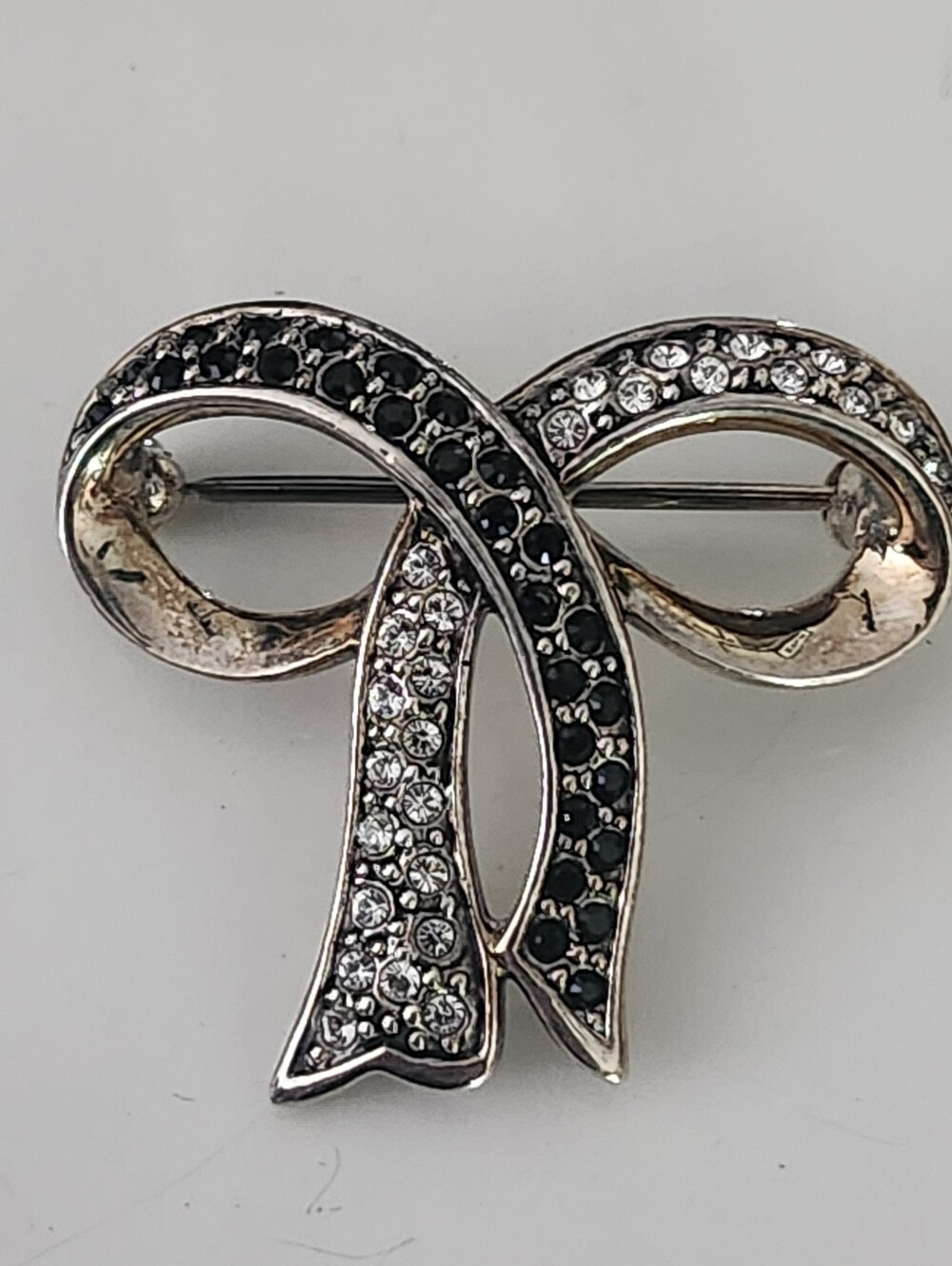 Silver-Tone Black & Clear Crystal Bow Brooch - Classic Women Jewelry